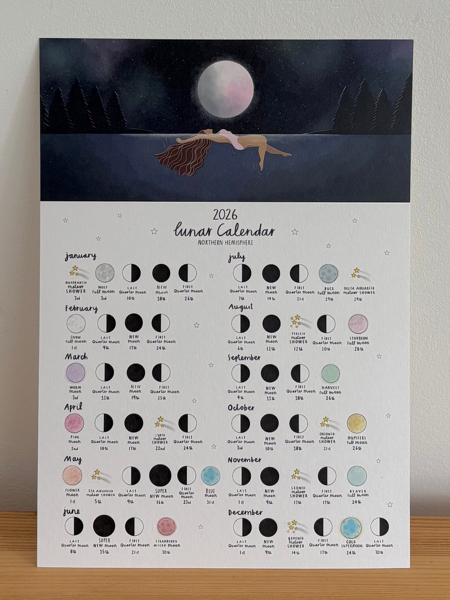 Wild Swimming 2026 Lunar Calendar A4 Print